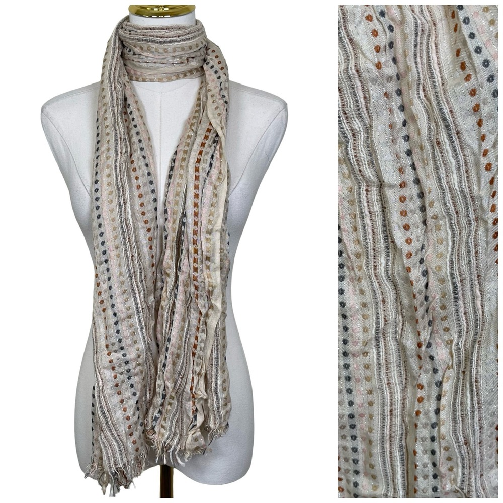 Vintage Collection Eighteen Scarf‎ Beige Metallic Striped Polka Dot Gauze Fringe